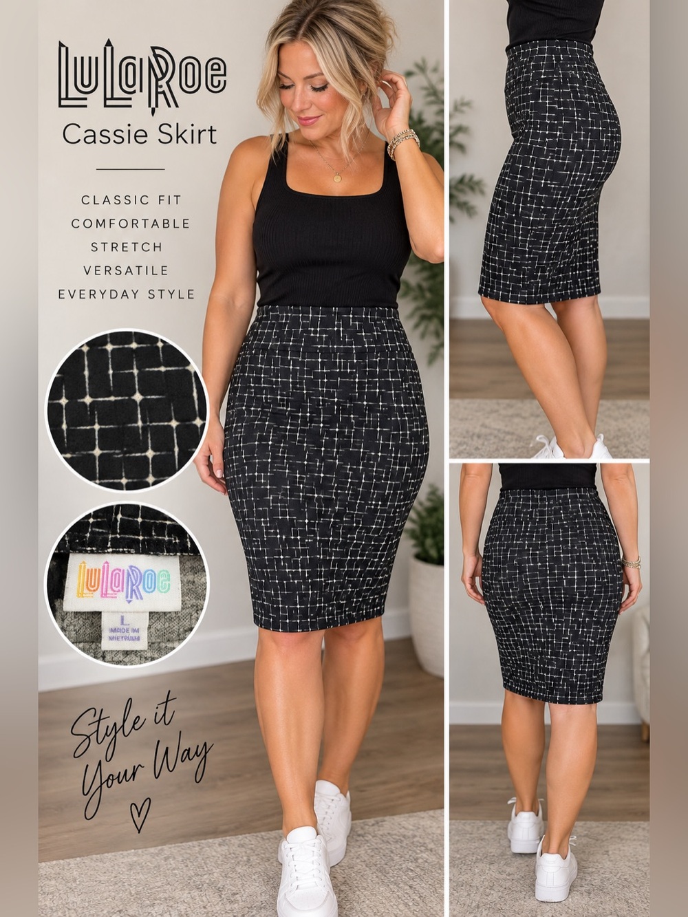 LuLaRoe Cassie Pencil Skirt Black White Geometric Print Size Large L